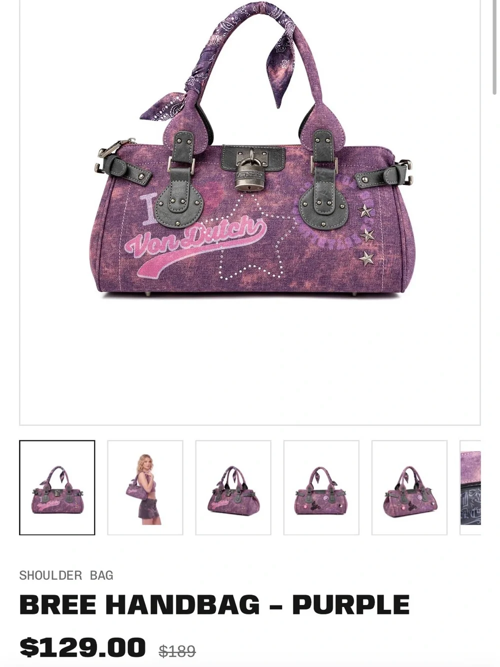 Von Dutch Bree Purple Pink Handbag with Lock, Twilly, and Pins NWT